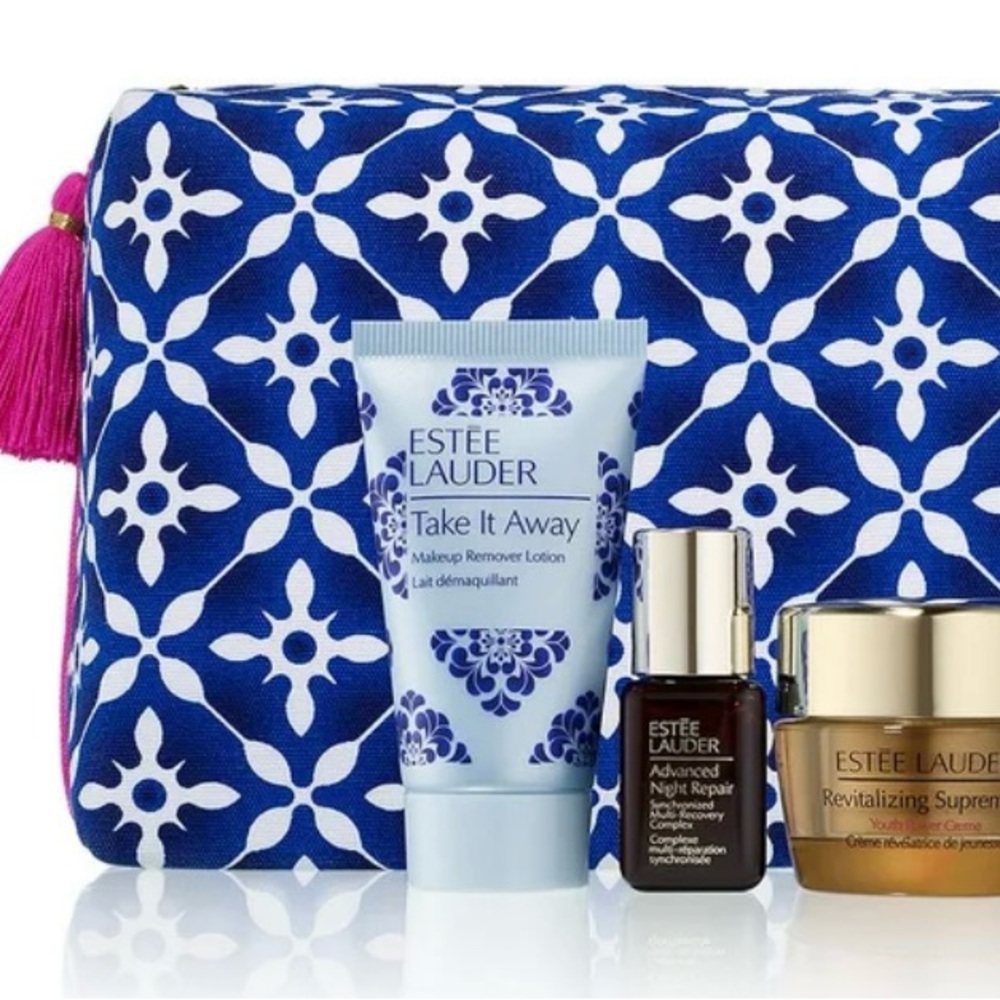 - Estée Lauder Skincare Set with Blue Patterned Estée Lauder makeup Bag ne…